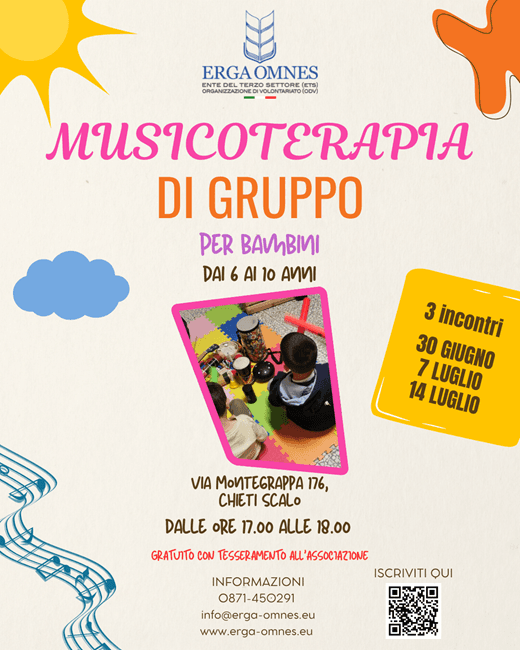 Musicoterapia di Gruppo per bambini a Chieti: nuovo percorso gratuito di Erga Omnes