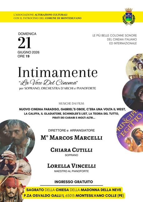 Montesilvano Colle, il 21 giugno il concerto “Intimamente: La Voce del Cinema”