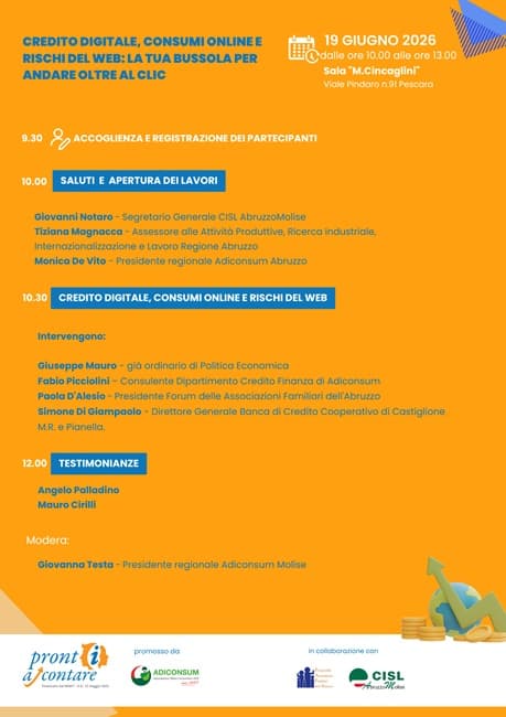 Pescara, il 19 giugno l’incontro Adiconsum su credito digitale e consumi online