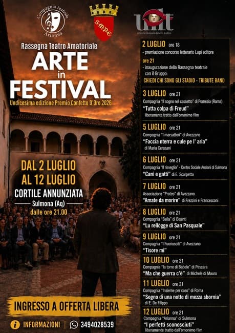 Sulmona, ARTE in FESTIVAL 2026 dal 2 al 12 luglio