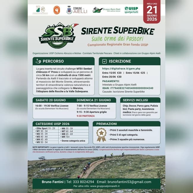 Sirente SuperBike 2026 ad Aielli: il 21 giugno la Granfondo UISP “sulle orme dei pastori”